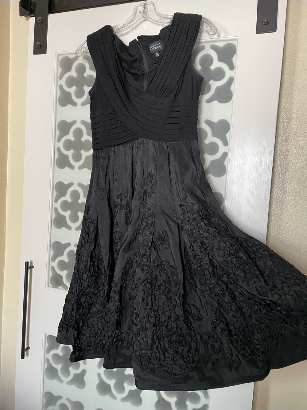 Adrianna Papell Petite 6P Black Rosette Floral Pleated Fit & Flare Dress